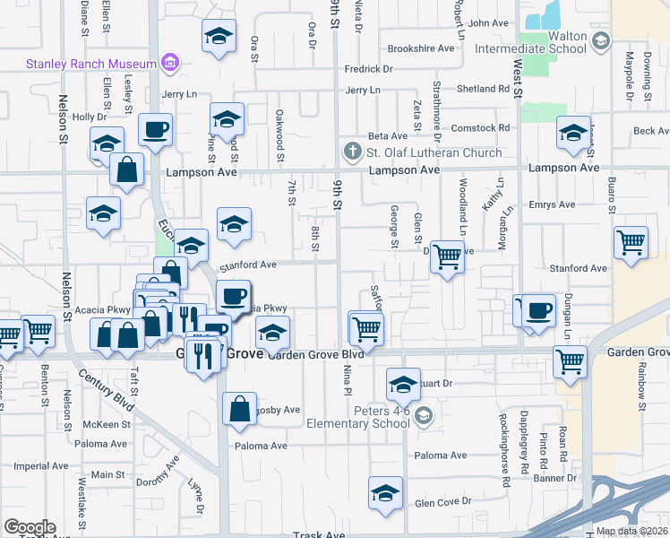 map of restaurants, bars, coffee shops, grocery stores, and more near 12792 8th Street in Garden Grove