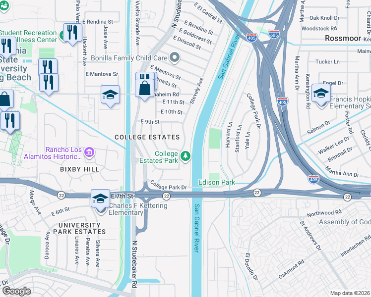 map of restaurants, bars, coffee shops, grocery stores, and more near 808 Stevely Avenue in Long Beach