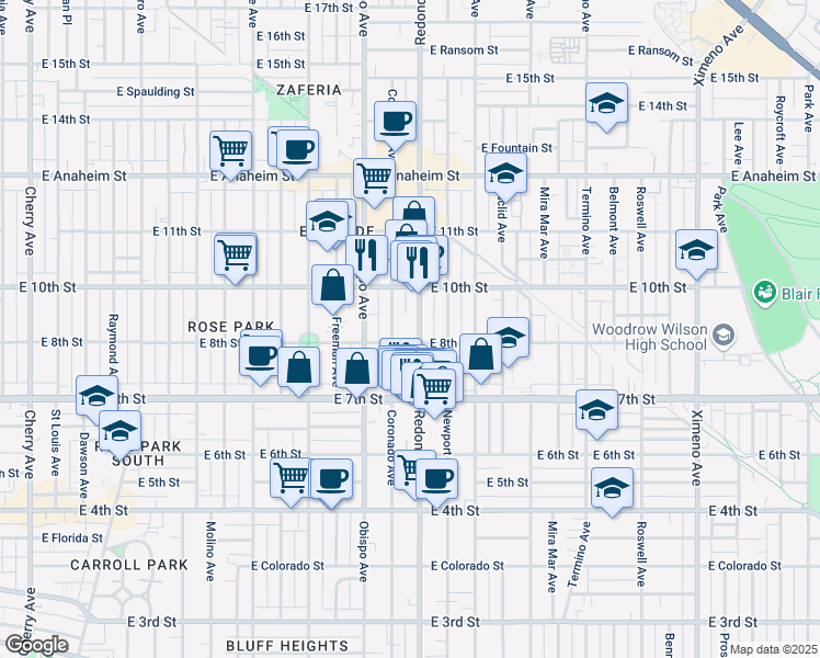 map of restaurants, bars, coffee shops, grocery stores, and more near 788 Coronado Avenue in Long Beach