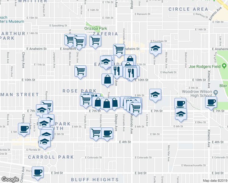 map of restaurants, bars, coffee shops, grocery stores, and more near 3122 East 8th Street in Long Beach