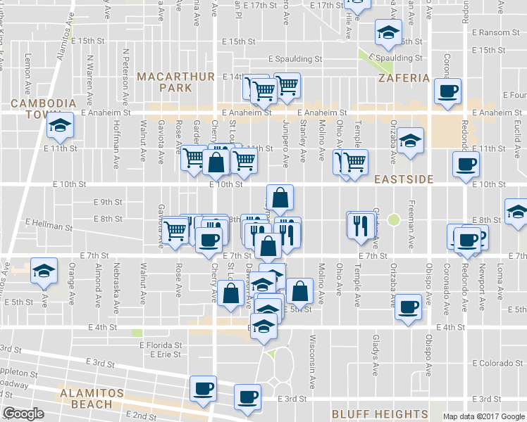 map of restaurants, bars, coffee shops, grocery stores, and more near 790 Raymond Avenue in Long Beach
