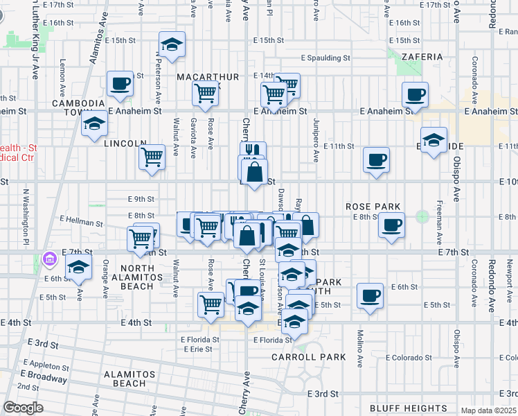 map of restaurants, bars, coffee shops, grocery stores, and more near 2082 East 8th Street in Long Beach