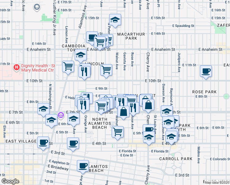 map of restaurants, bars, coffee shops, grocery stores, and more near 1502 East 8th Street in Long Beach