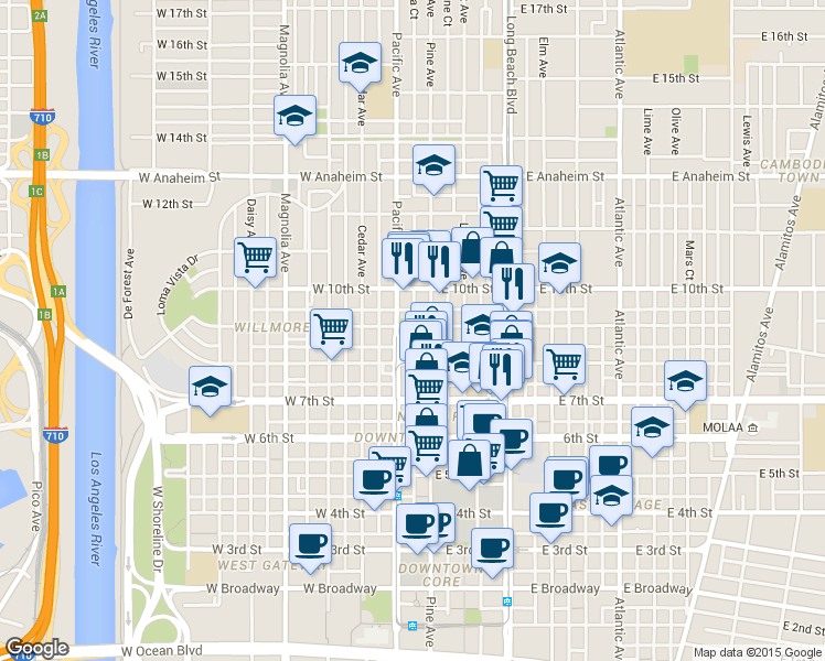 map of restaurants, bars, coffee shops, grocery stores, and more near in Long Beach