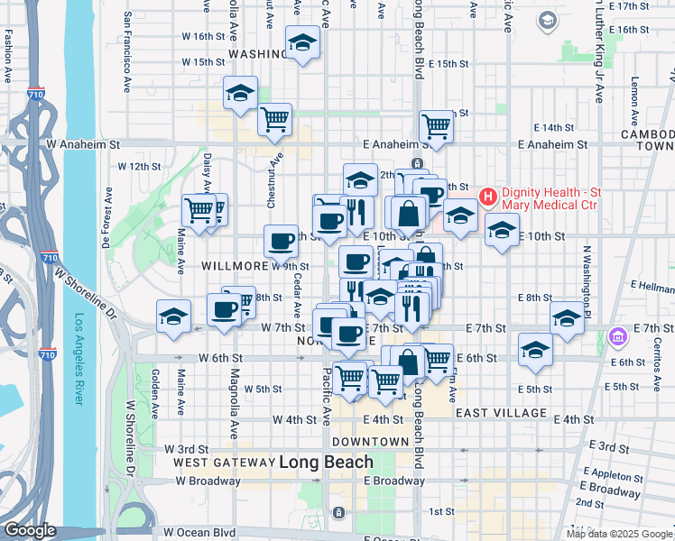 map of restaurants, bars, coffee shops, grocery stores, and more near in Long Beach