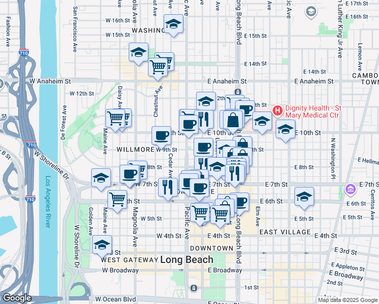 map of restaurants, bars, coffee shops, grocery stores, and more near 823 Pacific Avenue in Long Beach
