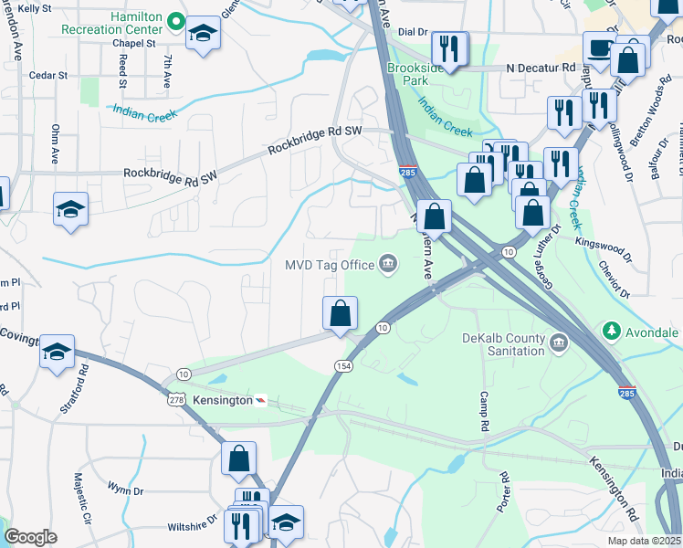 map of restaurants, bars, coffee shops, grocery stores, and more near 648 Avondale Park Circle in Avondale Estates