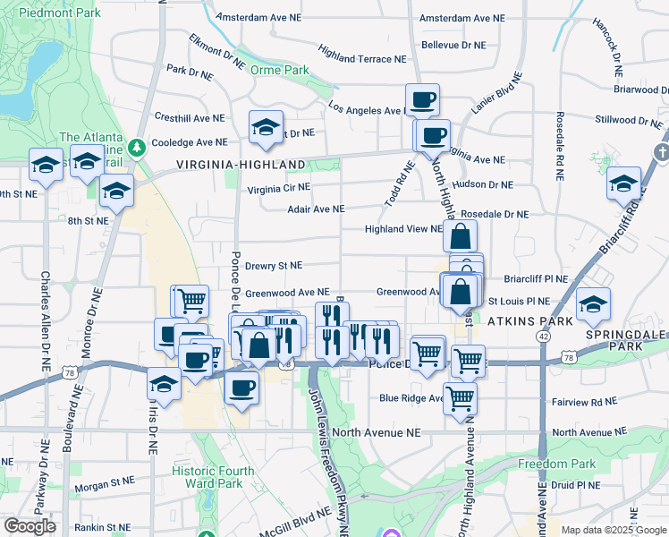 map of restaurants, bars, coffee shops, grocery stores, and more near 821 Barnett Street Northeast in Atlanta
