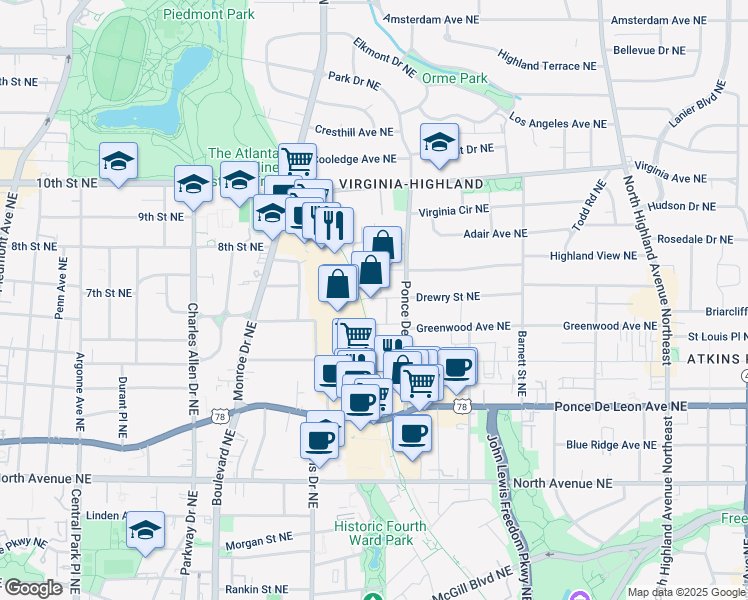 map of restaurants, bars, coffee shops, grocery stores, and more near 675 Drewry Street Northeast in Atlanta
