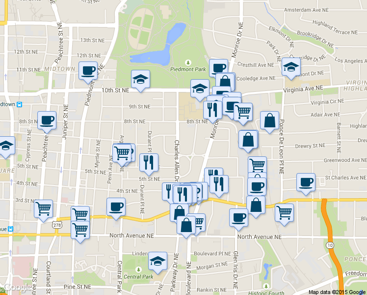 map of restaurants, bars, coffee shops, grocery stores, and more near 453 Greenwood Avenue Northeast in Atlanta