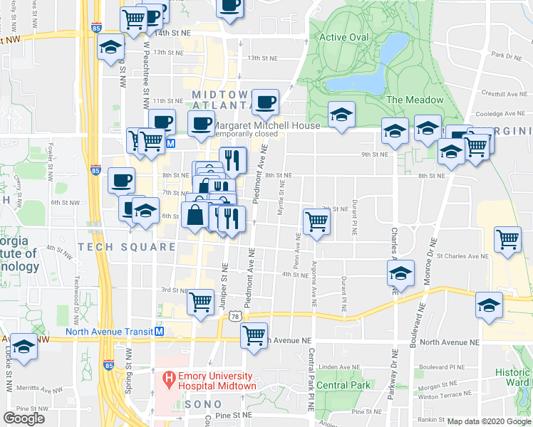 map of restaurants, bars, coffee shops, grocery stores, and more near 821 Piedmont Avenue Northeast in Atlanta