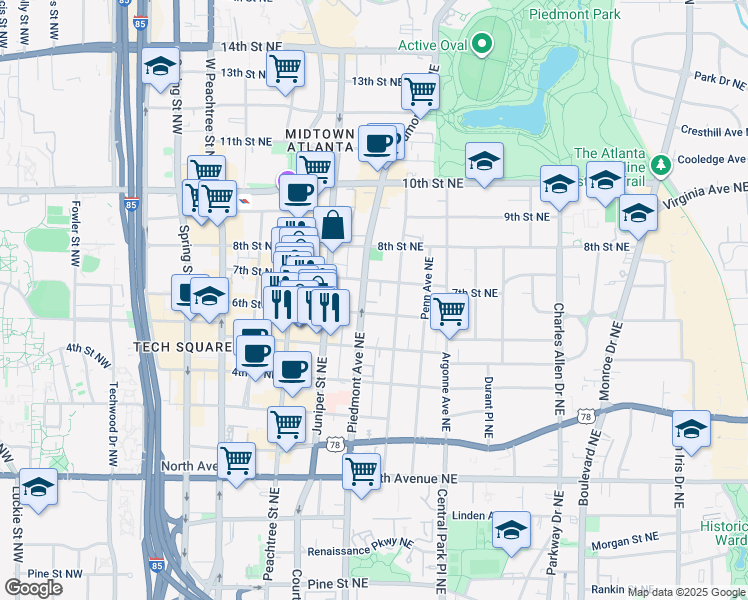 map of restaurants, bars, coffee shops, grocery stores, and more near 821 Piedmont Avenue Northeast in Atlanta
