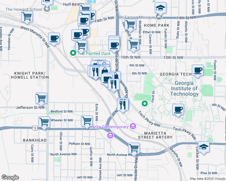 map of restaurants, bars, coffee shops, grocery stores, and more near 889 Marietta Street NorthWest in Atlanta
