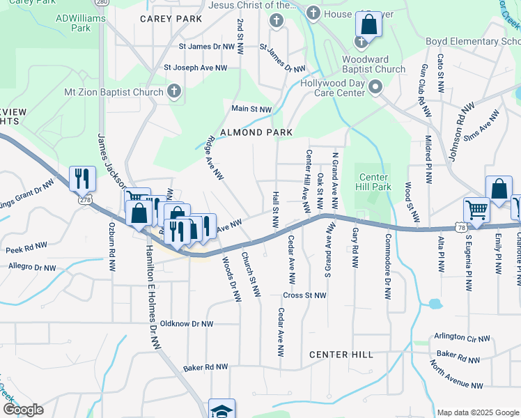 map of restaurants, bars, coffee shops, grocery stores, and more near 2430 Bellview Avenue Northwest in Atlanta