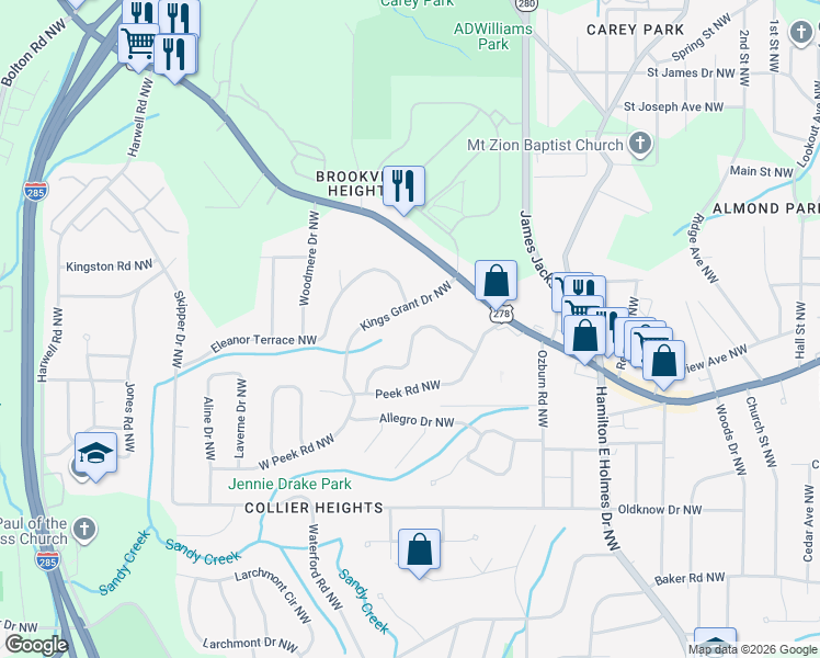 map of restaurants, bars, coffee shops, grocery stores, and more near 886 Magna Carta Drive Northwest in Atlanta