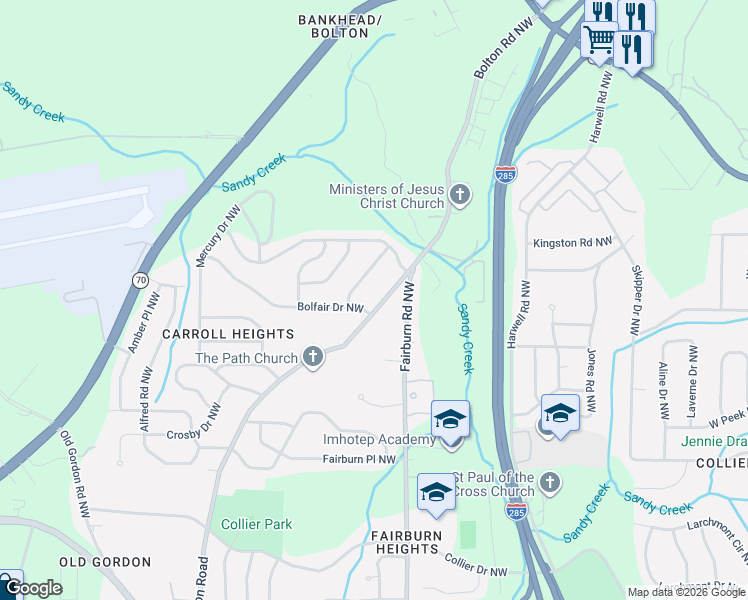 map of restaurants, bars, coffee shops, grocery stores, and more near 801 Bolton Road Northwest in Atlanta