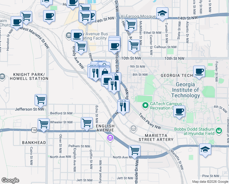 map of restaurants, bars, coffee shops, grocery stores, and more near 935 Marietta Street NorthWest in Atlanta