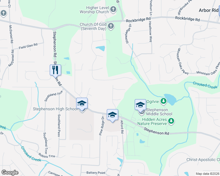 map of restaurants, bars, coffee shops, grocery stores, and more near 632 Bralorne Drive in Stone Mountain