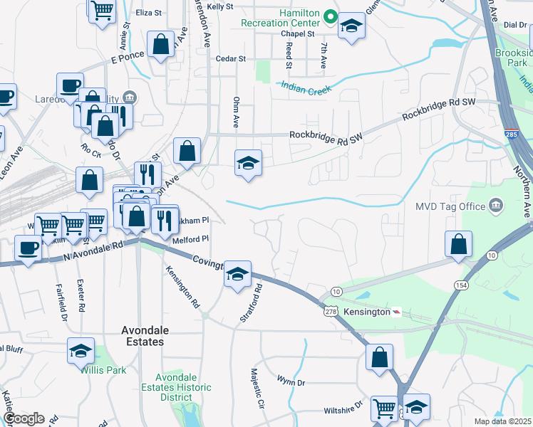 map of restaurants, bars, coffee shops, grocery stores, and more near 654 Stratford Green Way in Avondale Estates