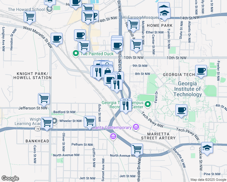 map of restaurants, bars, coffee shops, grocery stores, and more near 935 Marietta Street NorthWest in Atlanta