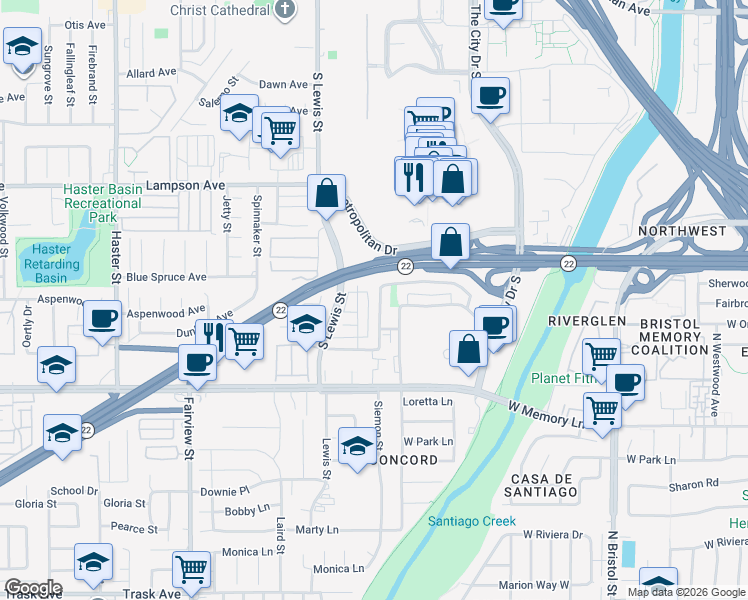 map of restaurants, bars, coffee shops, grocery stores, and more near 763 South Fondren Street in Orange