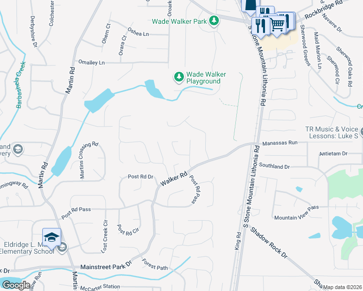 map of restaurants, bars, coffee shops, grocery stores, and more near 5410 Granite Court in Stone Mountain