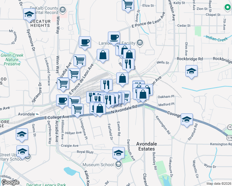 map of restaurants, bars, coffee shops, grocery stores, and more near 2895 Washington Street in Avondale Estates