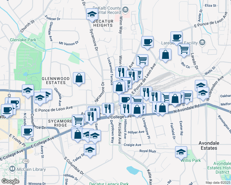 map of restaurants, bars, coffee shops, grocery stores, and more near in Decatur