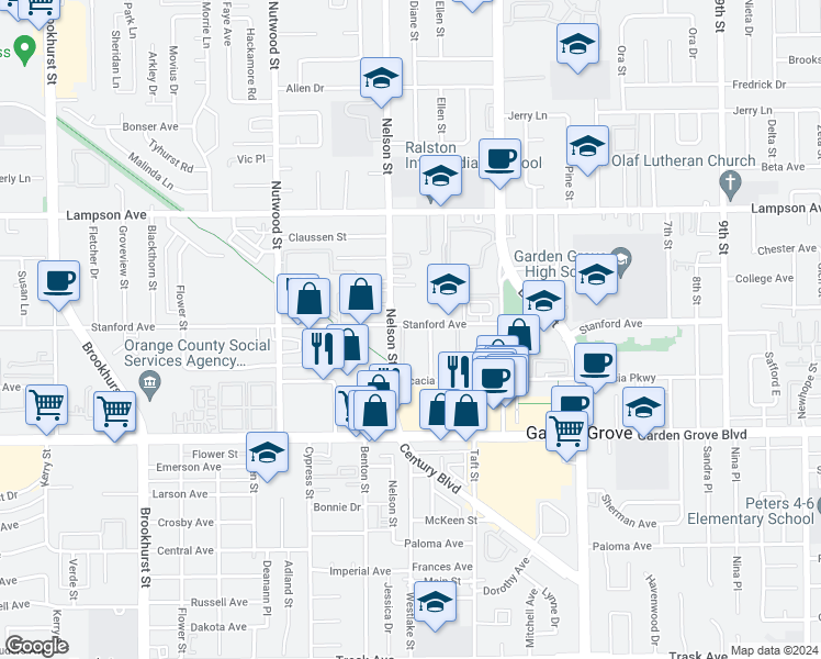 map of restaurants, bars, coffee shops, grocery stores, and more near 10790 Stanford Avenue in Garden Grove