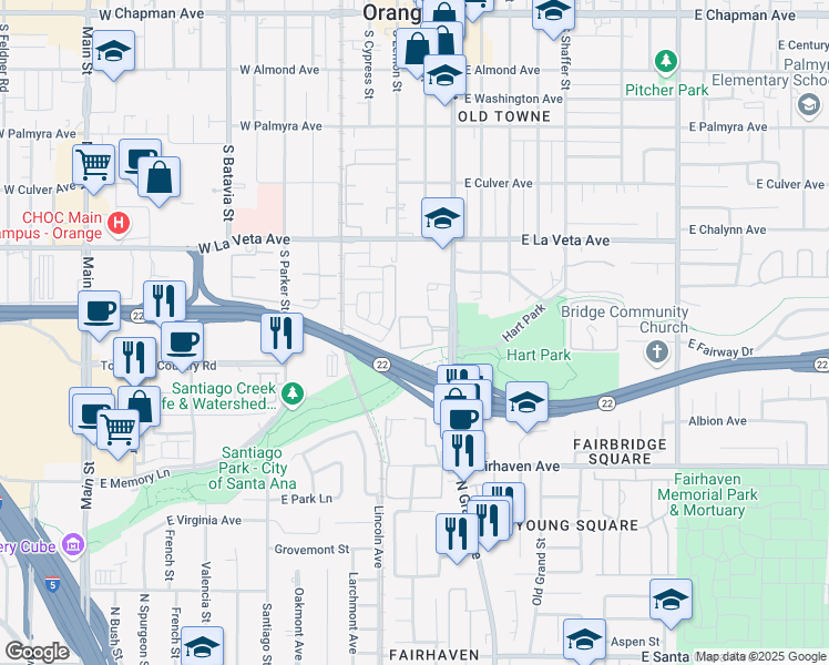 map of restaurants, bars, coffee shops, grocery stores, and more near 660 South Glassell Street in Orange