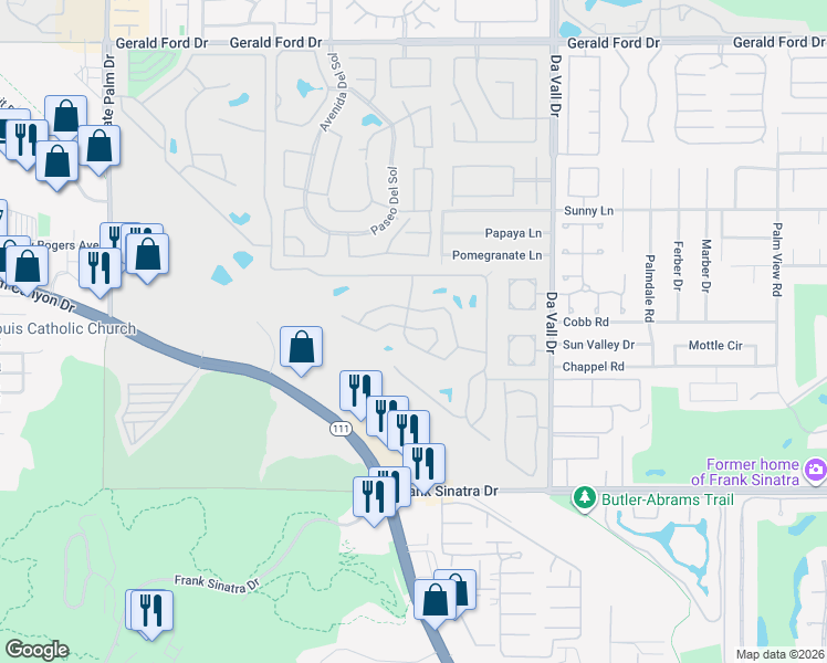 map of restaurants, bars, coffee shops, grocery stores, and more near 521 Calle Madrigal in Cathedral City