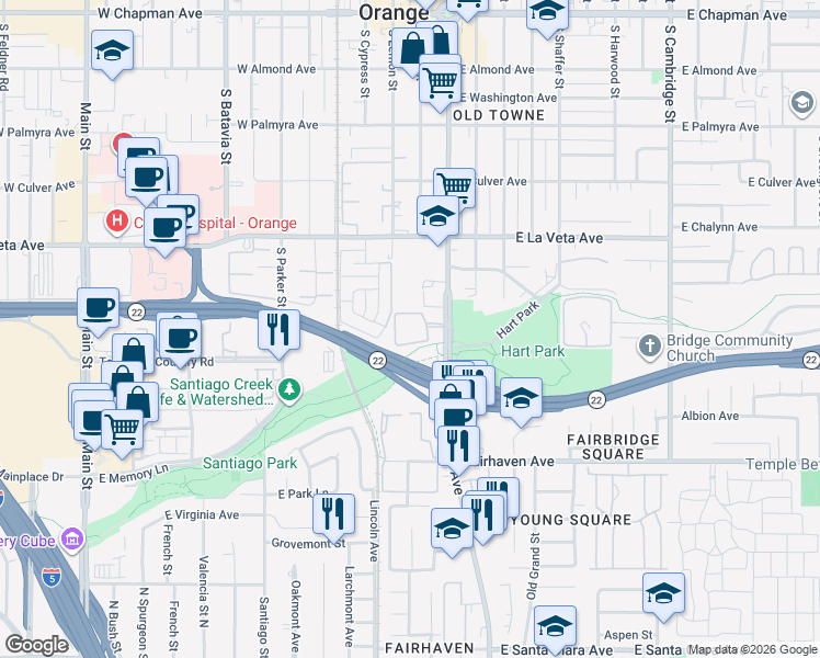 map of restaurants, bars, coffee shops, grocery stores, and more near in Orange