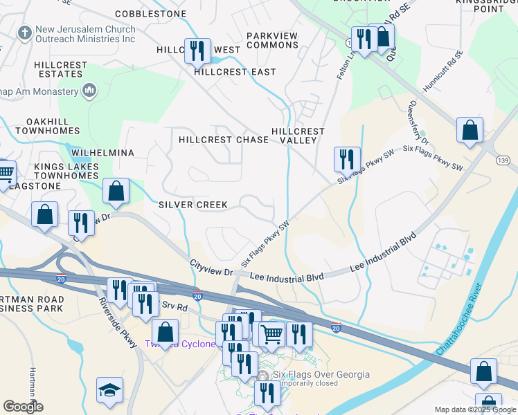 map of restaurants, bars, coffee shops, grocery stores, and more near 142 Silver Mine Trail Southeast in Austell