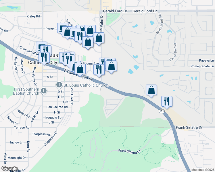 map of restaurants, bars, coffee shops, grocery stores, and more near 69020 East Palm Canyon Drive in Cathedral City
