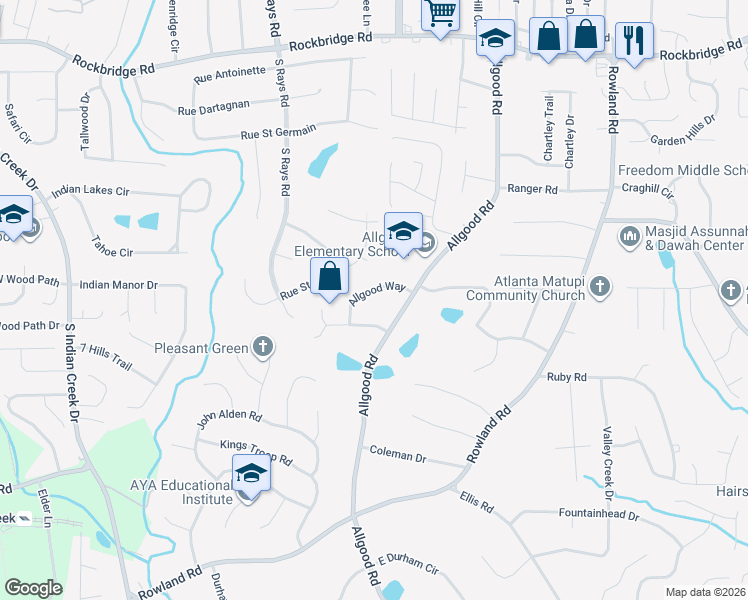 map of restaurants, bars, coffee shops, grocery stores, and more near 4251 Allgood Way in Stone Mountain