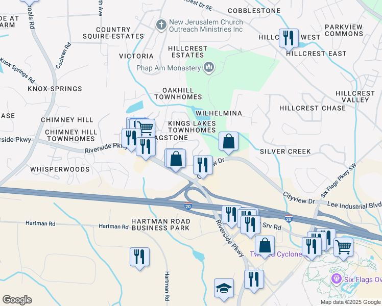 map of restaurants, bars, coffee shops, grocery stores, and more near 317 Concept 21 Circle in Austell