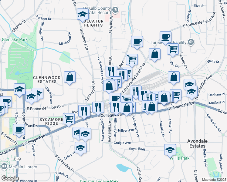 map of restaurants, bars, coffee shops, grocery stores, and more near 124 Grove Place in Decatur