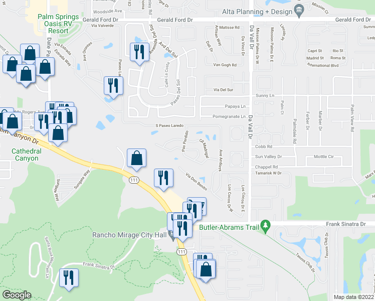 map of restaurants, bars, coffee shops, grocery stores, and more near 447 Paseo Perdido in Cathedral City