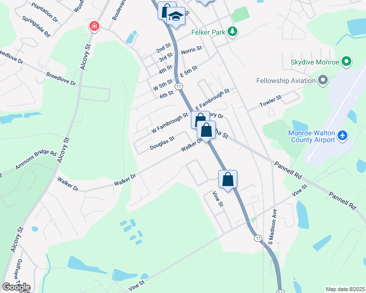 map of restaurants, bars, coffee shops, grocery stores, and more near 205 Walker Drive in Monroe