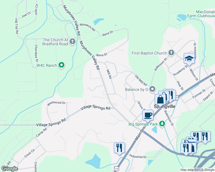 map of restaurants, bars, coffee shops, grocery stores, and more near 39 Mill Road in Springville