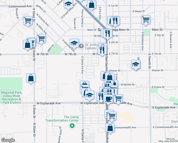 map of restaurants, bars, coffee shops, grocery stores, and more near 999 South Santa Fe Avenue in San Jacinto