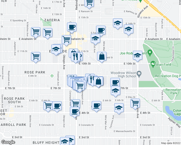 map of restaurants, bars, coffee shops, grocery stores, and more near 795 Loma Avenue in Long Beach