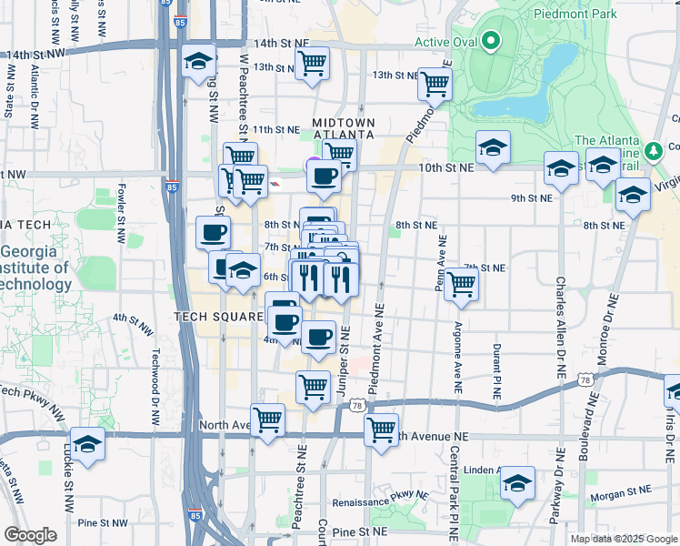map of restaurants, bars, coffee shops, grocery stores, and more near 100 6th Street Northeast in Atlanta