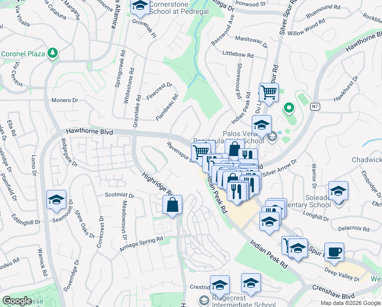 map of restaurants, bars, coffee shops, grocery stores, and more near 5644 Ravenspur Drive in Rancho Palos Verdes