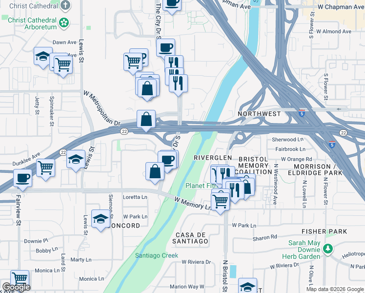 map of restaurants, bars, coffee shops, grocery stores, and more near 625 The City Drive South in Orange
