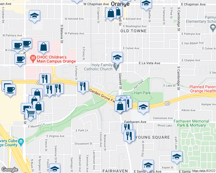 map of restaurants, bars, coffee shops, grocery stores, and more near 660 South Glassell Street in Orange