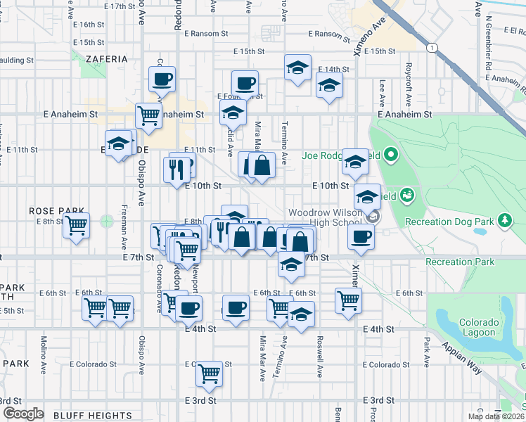 map of restaurants, bars, coffee shops, grocery stores, and more near 825 Mira Mar Avenue in Long Beach