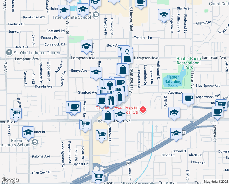 map of restaurants, bars, coffee shops, grocery stores, and more near 12771 Harbor Boulevard in Garden Grove