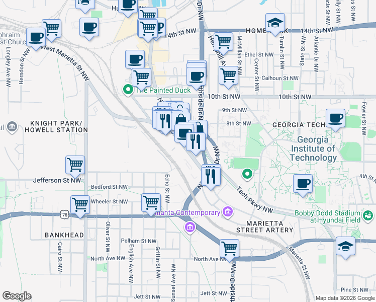 map of restaurants, bars, coffee shops, grocery stores, and more near 935 Marietta Street in Atlanta