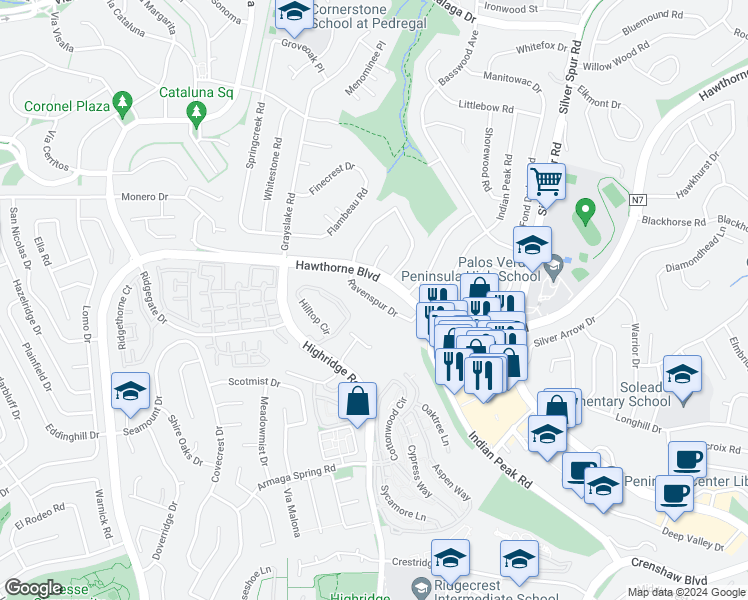 map of restaurants, bars, coffee shops, grocery stores, and more near 5711 Ravenspur Drive in Rancho Palos Verdes